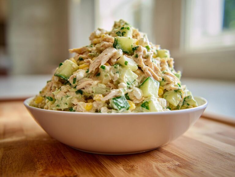 A generous mound of street corn creamy cucumber chicken salad served in a white bowl on a wooden surface.