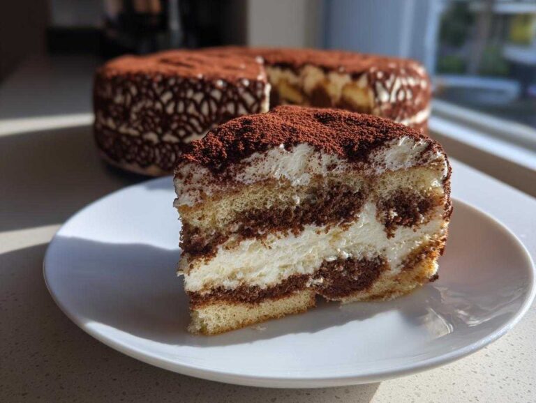 Close-up of a slice of Tiramisu wedding cake with stenciled cocoa, showing layers of sponge, cream, and dark cocoa powder.
