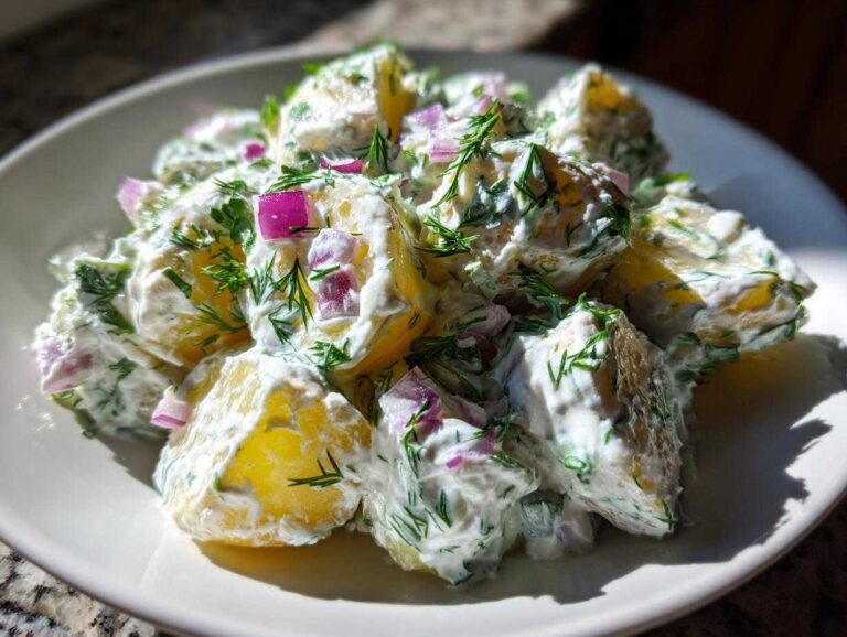 A close-up of Tzatziki potato salad featuring chunks of yellow potato coated in creamy dressing, mixed with red onion and fresh dill.
