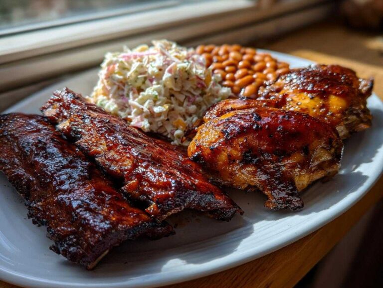 A plate featuring the Ultimate Memorial Day BBQ platter components: glazed ribs, BBQ chicken thighs, coleslaw, and baked beans.