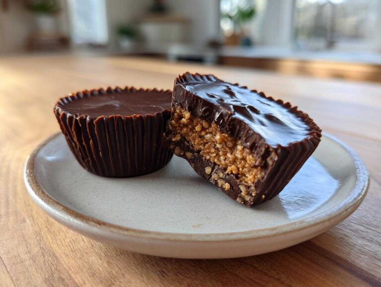 Two vegan quinoa crunch peanut butter cups on a plate, one cut in half showing the textured filling.