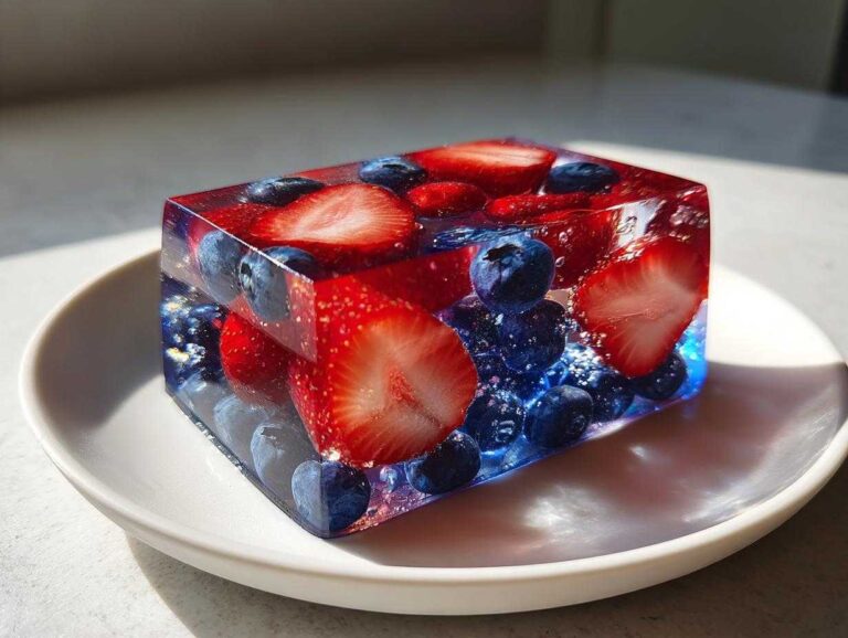 A clear, rectangular block of agar agar fruit jelly filled with bright red strawberry slices and deep blue blueberries.