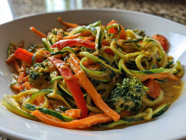 Close-up of a bowl filled with Zoodle stir fry featuring zucchini noodles, carrots, red peppers, and broccoli coated in peanut sauce.
